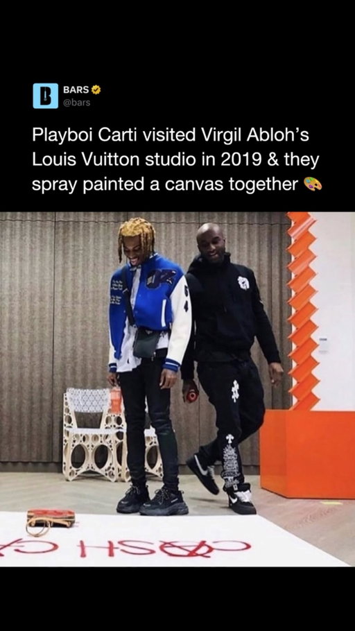 Playboi Carti and Virgil Abloh spent time painting together in Virgil’s studio and even customized one of Carti’s Louis Vuitton bags 🥹🕊️

The two were already close by then. Virgil had Carti close out his first Louis Vuitton show at Paris Fashion Week in 2018, and in 2019 Carti told GQ that Virgil would be the creative director for ‘Whole Lotta Red’

‘Whole Lotta Red’ dropped on Christmas Day 2020, and Virgil passed away less than a year later. In 2025 the canvas was displayed at ‘Virgil Abloh: The Codes’ at the Grand Palais in Paris, the first exhibition in Europe from his archive, alongside two decades of his sketches, sneaker prototypes and more than 200 Nike sneakers

Today would have been Virgil’s 46th birthday. He studied civil engineering and architecture before interning at Fendi alongside Ye in 2009, and Ye later made him creative director of his agency Donda. His cover art for ‘Watch the Throne’ earned a Grammy nomination, and he later designed the cover of Pop Smoke’s ‘Shoot for the Stars, Aim for the Moon’

In fashion he launched Pyrex Vision in 2012 and Off-White a year later, then created ‘The Ten’ with Nike in 2017. In 2018 he became the first person of African descent to lead Louis Vuitton menswear and was named one of the 100 most influential people in the world

He also had his own museum exhibition, ‘Figures of Speech’, in Chicago and a DJ residency in Las Vegas. Few people ever connected hip-hop, fashion and art the way Virgil did

Happy heavenly birthday, Virgil ❤️🕊️