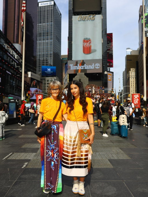 I knew my mom and I would probably be the only people in New York City wearing orange today. 🧡🥺🦅

Today is Orange Shirt Day also known as the National Day for Truth and Reconciliation in Canada. It’s a day to honour residential school survivors and the Indigenous children who never made it home.

My late dad was a survivor of Lebret Residential School and he spent his life advocating for Indigenous rights in a system that was never built for him.

Waking up on Lenapehoking (NYC), it didn’t feel like the same Orange Shirt Day. Here in the US, there’s no national day like this and most people don’t know what today means. (even though the same thing happened here.)

The US ran more than 400 federal Indian boarding schools and nearly 1,000 children’s deaths have been documented so far. Tho the real number is believed to be much higher.

So I put on my orange shirt + ribbon skirt + gave myself a little pep talk. It takes courage to wear them where no one really knows their meaning, but when you wear them to honour someone (specifically my late father) and dedicate it to your community, the fear begins to fall away.

Then in the middle of Times Square we saw one other Indigenous family and a couple of them were wearing an orange shirt (I immediately felt so seen 😭), we stopped and took a photo together. (They are from Quebec!) In a sea full of people, we still found each other. 🥹🥺😭🧡🦅

Right now we’re facing a rise in people denying what our families went through. So now more than ever, we need the courage to stand up for tâpwêwin, for truth. And sometimes you have to be brave enough to be the only one.. until you’re not. 🧡

#orangeshirtday #nationaldayfortruthandreconcilation #indigenousrising #truth