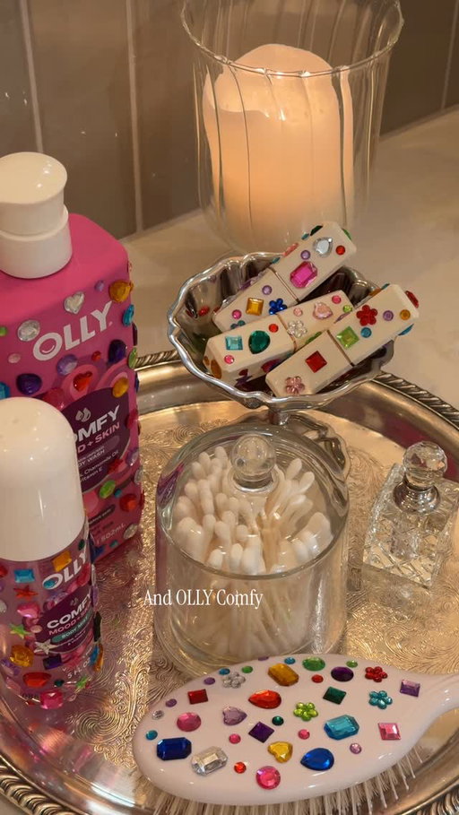 #OLLYBodyPartner adding a little more whimsy to the everyday with @ollywellness 🧚🏻✨ I gave my bathroom vanity a little jeweled makeover with OLLY Comfy in cozy vanilla fig, and now I’m convinced I have to bejewel everything I own🙂‍↕️ 

#bathroominspo #vanityinspo #whimsy #whimsymaxxing