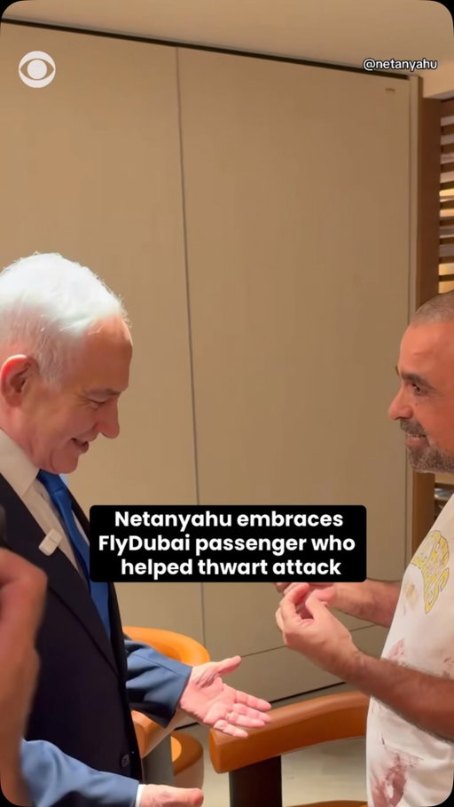 Israeli Prime Minister Benjamin Netanyahu embraced a passenger who he said helped thwart the attack on a pilot during a FlyDubai flight from Dubai to Tel Aviv on Wednesday, September 30.

“Yaniv, you’re a true hero. We’re a nation of lions!” Netanyahu wrote in a post on X.