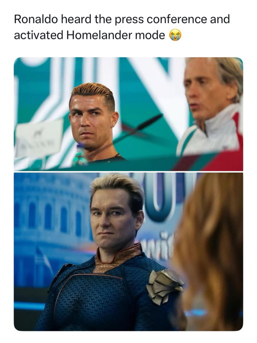 bro really said “ight imma head out” 😭😭

This is about the bizarre sequence surrounding Portugal’s camp on September 30. Coach Jorge Jesus said there was no issue with Ronaldo and that he would train with the squad, but shortly afterward Ronaldo left the camp following a conversation with Portuguese Football Federation president Pedro Proença. 

What makes the Homelander comparison so funny is Ronaldo’s response afterward. He said that after the press conference and his conversation with Proença, he decided to leave and added that, “in due course,” he would tell the Portuguese people the truth about why. Basically, Jesus said everything was fine and Ronaldo responded with the most suspicious “I’ll explain later” possible.
