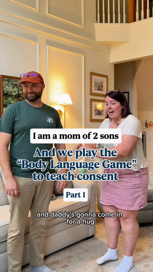 Part 1: If I had daughters I would play this game with them too to help teach enthusiastic consent AND help practice setting boundaries. 

I first posted this game nearly 3 years ago and I thought it was time to refill and show how even three years later we’re still using the body language game to help teach our kids how to protect themselves and protect others. 

We talk about how even if someone isn’t saying “no” with their words, they might be saying “no”, “I don’t like this”, or “I’m uncomfortable” with their body language. That means we stop.

We also reverse the roles so they can practice protecting their own bodies too. We also practice using our voice to say “no”, “stop”, and “I don’t like that.”

We talk about standing up for others, asking for help from a trusted adult, and “reading” body language in other situations, Like if he sees a kid on the playground alone and looking sad, what could he do? What is their body language saying about how they’re feeling?

I take special care to point out what my body language is saying during the day and to point out what I see their body language telling me even when their words aren’t speaking. 

#kelsewhatelse #momtips #teachingconsent #midwestmom