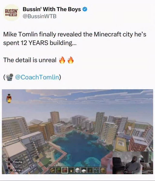 Mike Tomlin finally revealed the Minecraft city he’s spent 12 YEARS building… 

The detail is unreal 🔥🔥

(📽️ CoachTomlin)