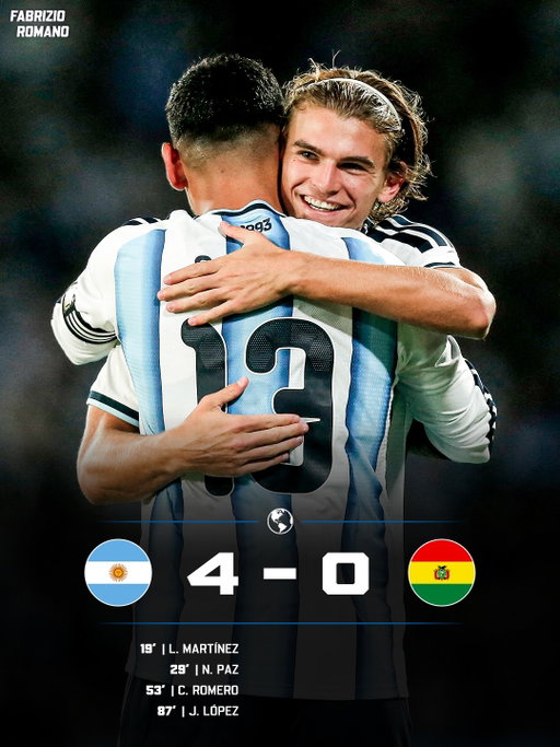 𝐀𝐑𝐆𝐄𝐍𝐓𝐈𝐍𝐀 𝐒𝐇𝐎𝐖 𝐖𝐀𝐈𝐓𝐈𝐍𝐆 𝐅𝐎𝐑 𝐋𝐄𝐎! 🇦🇷

Lautaro Martínez mantains his 𝐔𝐍𝐒𝐓𝐎𝐏𝐏𝐀𝐁𝐋𝐄 recent form 🙅🏼‍♂️

Nico Páz delivers again, seen as the 𝐂𝐇𝐎𝐒𝐄𝐍 𝐎𝐍𝐄 next 🩵🤍

Cuti Romero scores on his first day as 𝐍𝐄𝐖 𝐂𝐀𝐏𝐓𝐀𝐈𝐍 ©️✨

Flaco López for 4-0… and it’s Messi night in 𝐎𝐍𝐄 𝐖𝐄𝐄𝐊 🥺

𝐖𝐡𝐨’𝐬 𝐛𝐞𝐞𝐧 𝐲𝐨𝐮𝐫 𝐌𝐚𝐧 𝐨𝐟 𝐭𝐡𝐞 𝐌𝐚𝐭𝐜𝐡? 🍿