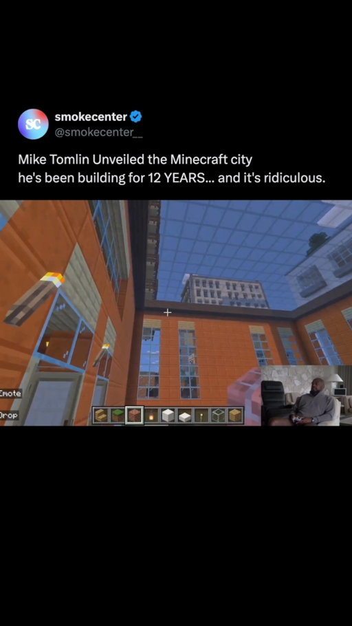 Former Pittsburgh Steelers head coach Mike Tomlin released a video tour of the detailed Minecraft city he spent 12 YEARS building ON HIS CONTROLLER on his YouTube channel today. 

Tomlin started playing the sandbox game a decade ago as a way to connect and bond with his young children.

He preserved the single creative-mode world across three PlayStation generations, moving it from the PS3 to the PS4 and eventually the PS5. 

The 20 minute tour showcases a water front, various neighborhoods, a sports stadium and even an underground speakeasy. 

Creativity at its finest.