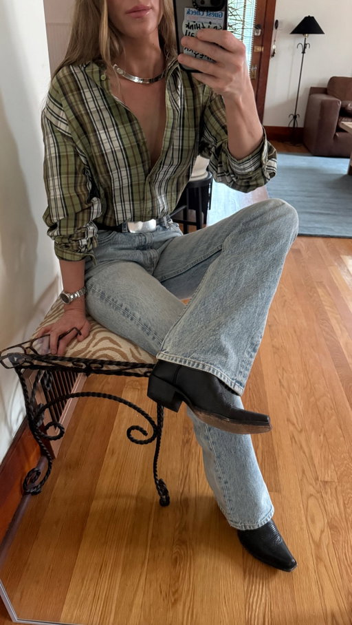 Something about a button down and boot cut jeans 👋🏼 jeans linked on ShopMy! Or comment 👖 for the link straight to your DMs