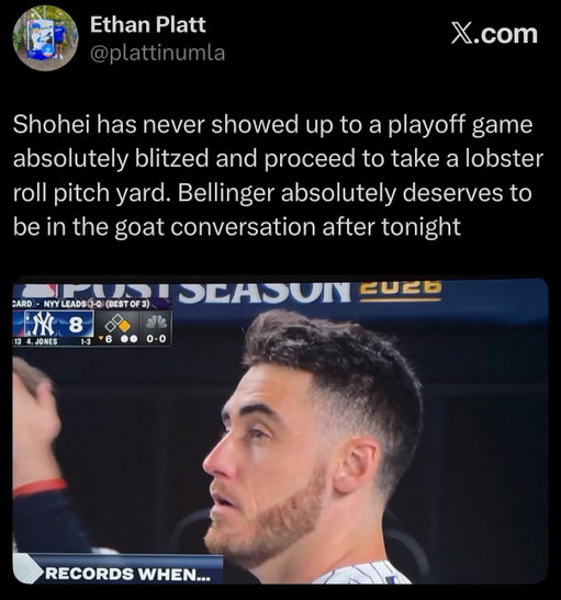 Tonight was a special night for the Bellblinker family. A Yankees bloodline, Clay Bellinger threw the first pitch out to his son Cody (Dodger legend, October demon, former MVP) who put New York on his back against the Mid Sox. In the bottom of the 6th, Boston served him a lobster roll that he belted into right field. The only people complaining about the short porch are from New England 

#mlb #baseball #dodgers #yankees #codybellinger