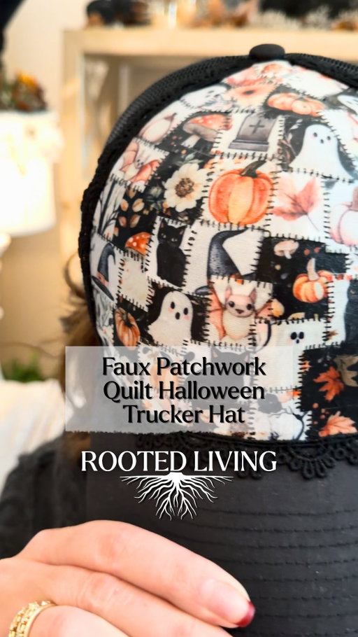 Comment HAT for the supplies to make your own (on Instagram) — Faux Patchwork Quilt Halloween Trucker Hat — I had a bunch of leftover Halloween fabric and wanted to find another way to use it, so I thought I would show you guys my faux patchwork quilt method on a trucker hat.

I cut most of my pieces into 1” x 1” squares and started layering them with Matte Mod Podge, cutting some pieces smaller when I needed them to fit along the edges. And that’s the beauty of patchwork — the pieces don’t have to be perfect or symmetrical. Those little imperfections are what make it look like patch work. 

I used regular Mod Podge since I won’t be washing this hat, but if you want yours to be washable or spot-cleanable, I’d recommend Fabric Mod Podge.

Once everything was dry, I went back in with a black paint pen and added little stitches to each square. This step is so worth it because it really makes the whole patchwork look come together.

I’m a hat person, and this one is definitely going to be getting a lot of wear all October. I love how it turned out! #handmade #craft #hat #halloween #diy