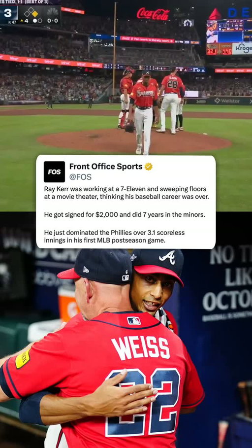 Braves pitcher Ray Kerr went from 7-Eleven and a movie theater to the pitching of his life in his first MLB postseason game 👏⁠
⁠
🎥📸 @braves ⁠
⁠
#mlb #baseball #braves #atlanta