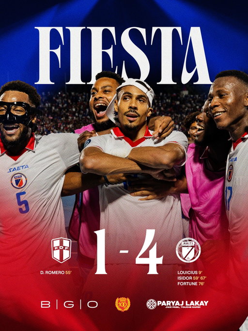 4 pou Nou. Youn pou Sendomeng. Aprè yon 90 minit boul san kanpe, Grenadye yo ofri peyi a yon viktwa k ap rete grave nan istwa foutbòl Ayisyen an. 

Apre Deedson te fin ouvri skò, se te tou pa IsiGòl pou l te ofri tèt li yon double avan Yassin Fortuné te vin met fen a tout espwa advèsè a.

Nou fyè. Nou kontan. N ap savoure viktwa nou pandan n ap rete fokis sou pwochen match k ap vini an!

Grenadye, Alaso…