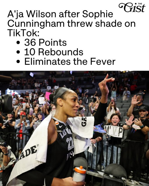 Never ever disrespect the GOAT. 🙂‍↔️⁣
⁣
A’ja Wilson is all about the moment. The Aces icon authored a 36-point, 10-rebound masterpiece in the defending champs' 94–83 series-clinching dub. 🏀⁣
⁣
But not even the unprecedented four-time MVP wins alone: Chelsea Gray’s clutch buckets down the stretch sealed the deal to help Vegas advance to their eighth straight semifinal. 🔥⁣
⁣
Keep up with the WNBA Playoffs by subscribing to our free, 4x-weekly sports newsletter over at the link in bio. 💌⁣
⁣
#womenssports #basketball #wnba
