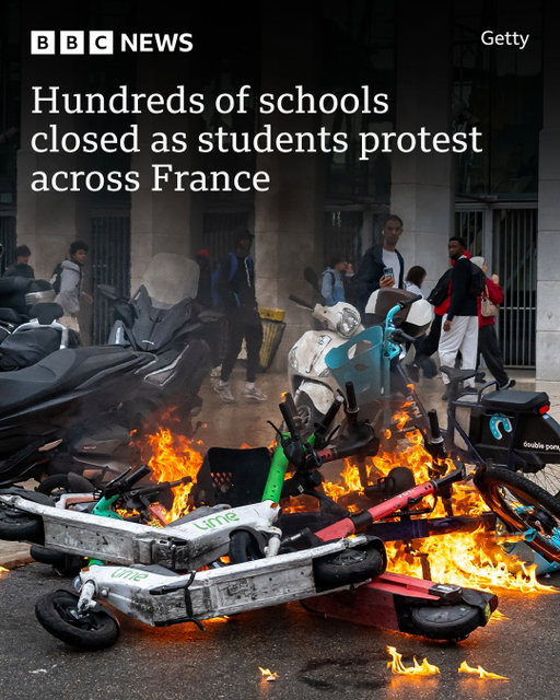 Hundreds of schools in France have closed as students continue to protest about school conditions such as overcrowded classrooms, run-down buildings and a lack of teachers.
 
The demonstrations, which the government said had descended into “urban violence” started earlier this week in Paris, before spreading across the country.
 
The interior ministry said 1,949 people had been arrested on Thursday, with 305 police officers injured.
 
Prime Minister Sébastien Lecornu held a crisis meeting on Thursday to discuss the unrest.
 
Tap the link in @BBCNews’s bio to follow live updates.
 
📷 Getty/Reuters/EPA
 
#France #Education #BBCNews