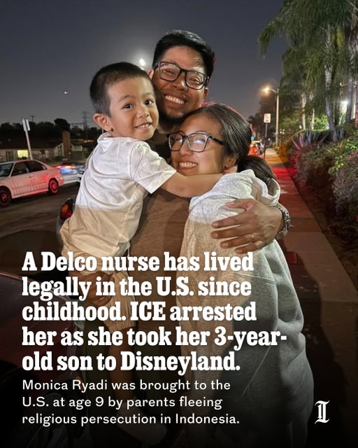 Delaware County nurse Monica Ryadi and her husband couldn’t wait to take their 3-year-old son to Disneyland, so he could meet his favorite characters from the Cars movies.⁠
⁠
But shortly after their plane touched down in Los Angeles on Sept. 15, they faced a sudden crisis. U.S. Immigration and Customs Enforcement appeared and surrounded Ryadi.⁠
⁠
Despite her legal standing in this country, which she has maintained for more than 20 years since her parents brought her to this country at age 9, ICE arrested Ryadi and sent her to detention.⁠
⁠
Legally, Ryadi cannot be sent back to Indonesia, where her family fled religious persecution all those years ago. But per a recent U.S. Supreme Court ruling, the U.S. can continue to speedily deport people to countries other than where they came from, something Ryadi said ICE agents told her was coming.⁠
⁠
Inquirer immigration reporter Jeff Gammage has the full story at the link in our bio.⁠
⁠
📝 by Jeff Gammage / Staff⁠
📸 Courtesy of the family; Steven M. Falk / For The Inquirer
