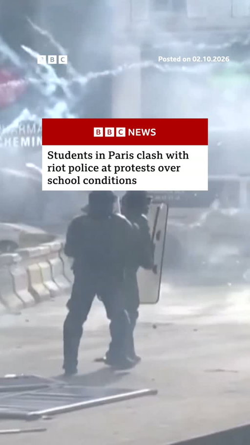 Riot police are using tear gas in their clashes with students protesting school conditions in Paris.
 
The demonstrations, which started in the French capital, have spread across the country, with students protesting over a lack of teachers, overcrowded classrooms and run-down buildings.
 
More than 500 schools are facing disruption and French authorities say at least 65 staff members have been injured in the unrest.
 
Tap the link in @BBCNews’s bio for updates on this story.
 
#France #Students #BBCNews