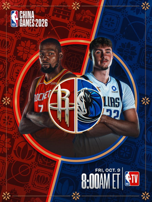 ONE WEEK AWAY FROM HOOPS IN MACAO 🇲🇴 Don’t miss Kevin Durant and the @houstonrockets battle Cooper Flagg and the @dallasmavs in the NBA China Games 2026 tipping off Friday Oct. 9 at 8:00am/et on NBA TV!
