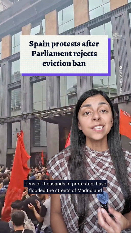 Protesters in Spain are calling for a general strike after the Parliament struck down a decree to ban evictions. Madrid and other cities across the country have erupted in mass demonstrations demanding that the government protect tenants against the nation’s affordable housing crisis.