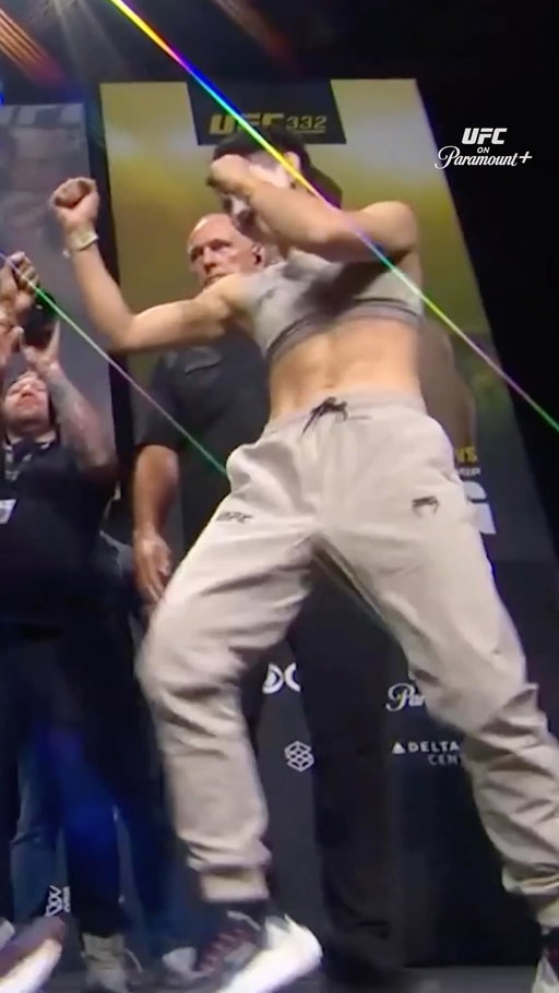 Wang Cong mimicked Natalia Silva’s wide, bouncy stance right in her face at the UFC 332 faceoffs. They fight for the vacant flyweight title tomorrow night in Salt Lake City. 😂