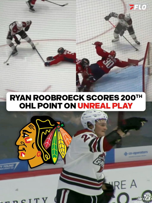 WHAT A PLAY FOR RYAN ROOBROECK’S 200TH OHL POINT 🤝

Owen Griffin with the silky toe drag AND no-looker to Ryan Roobroeck who buries on the sprawling Windsor tendy 

The Blackhawks’ 2026 second rounder has put up a hot start in his new home in Guelph, tallying a point in all three games to start the season 

#OHL | 📺 Watch Live on FloHockey