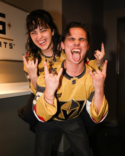 PLAY HARD 🤘 Mary Mouser & Tanner Buchanan from Cobra Kai are at The Fortress for tonight’s game! #VegasBorn