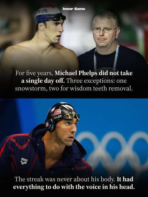 For five years, Michael Phelps did not take a day off. From 1998 to 2003 the full list of exceptions was one snowstorm and two wisdom teeth. Christmas, Thanksgiving, birthdays: pool.

You've got a training plan for your body, everybody does. Comment "INNER" and we'll send you the one for your mind.

Bob Bowman's math was simple. Everyone else rests on Sunday, so "that just meant we might be one-seventh better." Fifty-two Sundays a year. About 260 over the streak.

But this isn't a hustle story. Those Sundays built a record the mind can't argue with. Doubt lives in the gap between what you've done and what you're about to ask of yourself. Phelps closed that gap years in advance.

Beijing 2008, 200 fly final. Goggles full of water, last lap blind. He counted his strokes and touched in a world record. Self 1 had nothing left to say. Self 2 swam the race.

[Credits: Michael Phelps in No Limits (2008) and Bob Bowman via Forbes, May 2016. Inspired by Plague of Strength on Facebook]

#theinnergame #michaelphelps #swimming
