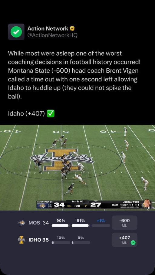 Coach said he wanted to regroup the defense 😬

#betting #sportsbetting #ncaaf #fcs #idahovandals