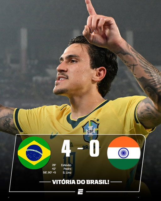 VENCE O BRASIL! 🔥🇧🇷 

Com o brilho dos jogadores do Flamengo, o seleção brasileira venceu a Índia pelo placar de 4 a 0 em partida válida por amistoso internacional. Curtiu a atuação do time de Carlo Ancelotti, fã de esporte?

#FutebolNaESPN #Brasil