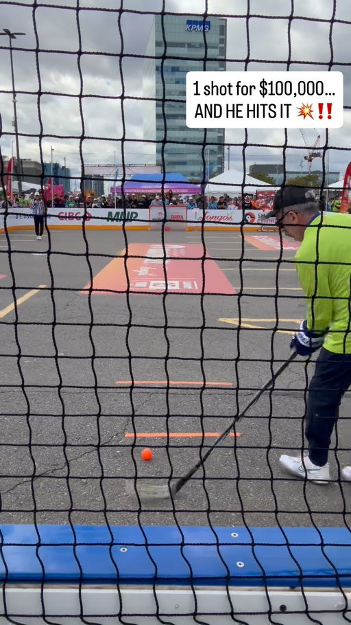 @pmcfroadhockey had a shoot for $100,000 competition this afternoon, AND THE FIRST SHOOTER HIT IT ‼️

All-time moment. Such a small hole and a couple friendly bounces at this awesome event! What a day