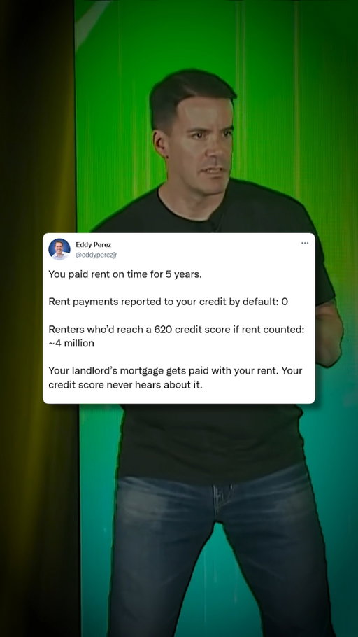 The rent credit disconnect 💳

Paying rent on time for five straight years builds zero credit history by default. Roughly four million renters would instantly hit a 620 credit score if those payments were automatically reported.

Every rent check covers the landlord's mortgage, but the credit bureaus never see a single dollar of it.

Send this to someone who has paid rent on time for years.

#creditscore #renting #homeownership #mortgagetips