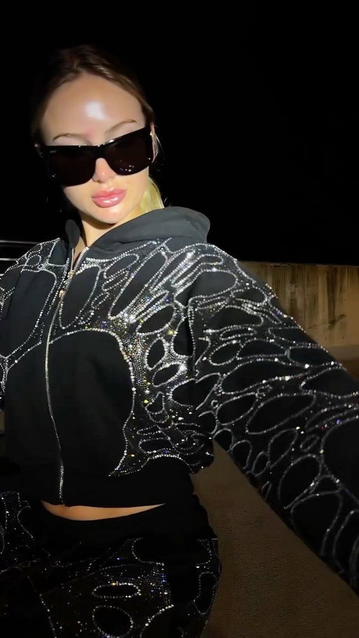Black rhinestone sweatsuit: plush, all black, and covered in rhinestones 🖤 The cool-girl fall outfit that makes comfy streetwear feel like the whole look. Pre-order at icaruswick.com