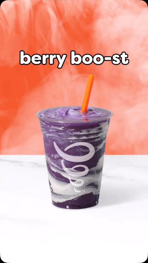 introducing Berry BOO-st 👻 a berry spooky banana blend swirled with coconut whip