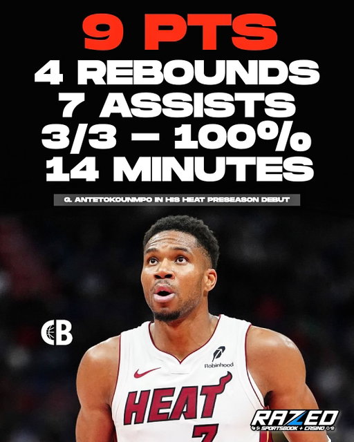 Giannis Antetokounmpo looked GREAT in his Miami Heat preseason debut vs. Toronto 🪣🔥

📊 9 PTS, 4 REB, 7 AST, 3/3 FGM, 14 MIN, WIN

How will Giannis fit in Miami? Will they be true championship contenders? 🤔