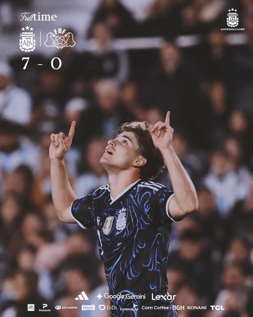 ⏱️ Full time at the Monumental! 🤩

🇦🇷 Argentina 7 🆚 0 Burkina Faso 🇧🇫

⚽ L. Martínez
⚽ O.G
⚽️G. Prestianni
⚽️ N. Paz
⚽️ J. Álvarez
⚽️ F. Mastantuono
⚽️ G. Simeone