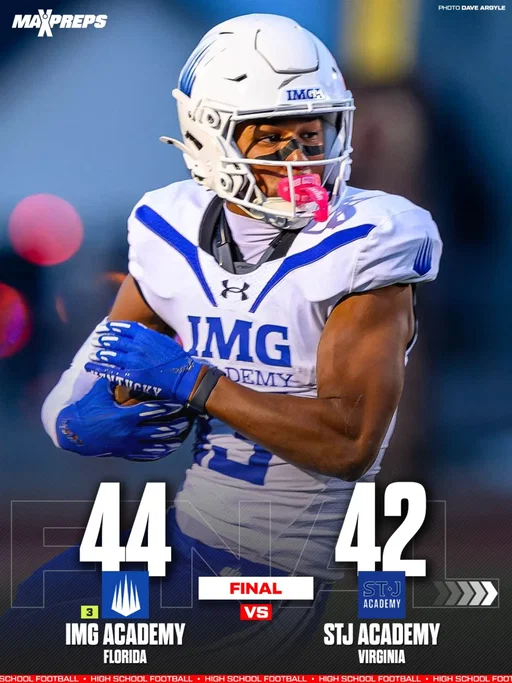 No. 3 IMG Academy (FL) SURVIVES! 🚨
The St. James Performance Academy (VA) took the lead with under a minute remaining, but a huge kick return by Alabama commit Osani Gayles set up the game-winning field goal by Zach Brien as time expired. 🤯

The Ascenders also got a clutch performance from 4⭐ Washington commit Censere Gaylord, who snagged two interceptions, including a 99-yard pick-6. 💪🏿