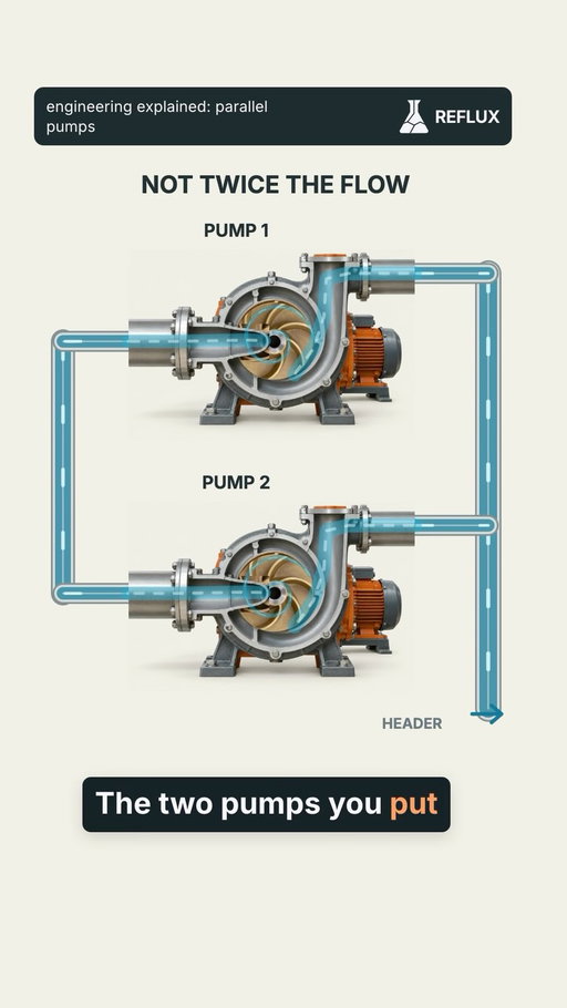 two identical pumps in parallel add their flows at every head, but the pipe curve does not move and it is steep, so in one worked case the second pump added 39% on a steep system and 75% on a flat one. never 100. and if the running pump’s outlet pressure is higher than what the spare can push at zero flow, the spare’s check valve never opens: it spins, draws power and moves nothing. that is why plants run two half-size pumps plus a spare. my fourth-year course sized a 40 bar duty three ways: one pump 43.7 bar, three in series 39.3 and off spec, two at 50% plus a spare. comment PARALLEL for the graph. have you ever watched a spare do nothing? #chemicalengineering #pumps #engineering #processengineering