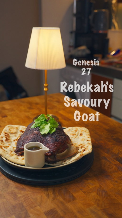 Finding My favourite meal in the Bible EP2: Genesis 27 - Rebekah’s Savoury Goat 
.
Ingredients 
* 2kg goat shoulder, bone in, whole
* 3.5 tsp salt
* 4 tbsp olive oil
* 1 tbsp 
* 2 tsp cumin
* 2 tsp Coriander
* 1 Large Onion Quartered 
* 1 garlic head Cut in half 
* 2 celery stalks
*2 carrots
* 5 thyme sprigs
* 300ml red wine
* 300 ml lamb stock
* 1.5 tbsp red wine vinegar
* 8 flatbreads, to serve
Method: 
1. Dry brown your goat for 30 minutes with salt and set aside - you should see all the moisture come out 
2. preheat your oven to 240°C 
3. Pat your goat dry with paper towels and Rub with olive oil and spices 
4. then in a Dutch pot, add your carrots, celery, and onion along with thyme and garlic at the bottom. This will help with the circulation of heat 
5. place your lamb on top and roast for 30 minutes 
6. then remove from the oven and pour in red wine and lamb stock 
7. bring the oven temperature down to 150°C and bake for 3 hours 
8. then bake again at 220°C to develop a crust that’s like in the story - we are trying to make it taste like venison 
9. then set the lamb aside on a chopping board and cover with foil 
10. strain the juices from the pot in a another pot
11.  then reduce until you have the desired sauce consistency. Finish with red wine vinegar 
12. finally served with the flatbreads, lamb on top with a side of sauce , and enjoy. 
.
#bible #jesus #Genesis #rebekahsgoat