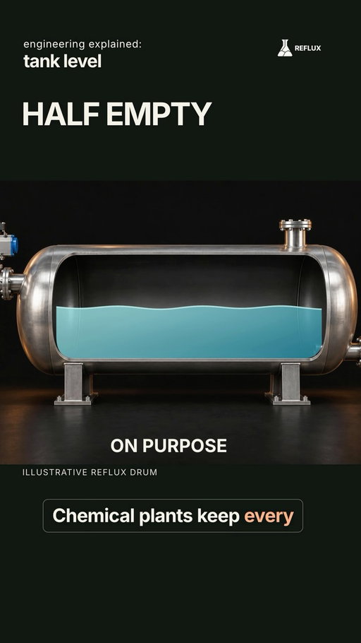 a drum is not storage, it is time: the liquid level absorbs the mismatch between flow in and flow out for long enough that a controller can act, so you size it for minutes, about 5 half-full for a reflux drum, 5 to 10 if it feeds another tower. draw it as four bands: dead volume under the outlet nozzle, holdup, surge where the alarms live, and 20 to 30% headspace where vapour separates and the high-high trip has room to shut a valve. propane tanks stop at 80% for the same reason. in 2005 a depot north of London had a gauge stick at 03:05 and read steady while over 250,000 litres went over the top; the switch that should have caught it needed a padlock nobody knew about. comment LEVEL for the four-band page. what does your plant do at high-high? #chemicalengineering #processsafety #engineering
