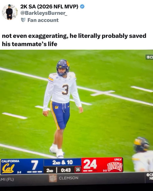 RESPECT 💯

Cal WR Ian Strong stopped his QB Jaron-Keawe Sagapolutele from returning to the huddle after stumbling from a head injury.

Cal lost to UNLV 39-31 on Saturday in Las Vegas, falling to 2-3. The Golden Bears trailed 24-7 before scoring 18 unanswered points to take a 25-24 lead early in the fourth quarter. UNLV responded with two touchdowns to regain control.

Cal finished with 464 total yards, including 395 passing, but was held to 69 rushing yards and committed 16 penalties for 147 yards. 

Starting QB Jaron-Keawe Sagapolutele went 19-of-27 for 195 yards, 1 TD and 1 INT before leaving late in the first half after taking a hit.

Backup Jackson Brousseau finished 19-of-32 for 200 yards and 2 TDs, leading Cal’s comeback. Taimane Purcell had 3 catches for 102 yards, including a 91-yard touchdown, while Ashten Emory rushed for 48 yards and a TD. UNLV QB Jackson Arnold accounted for 282 total yards and five touchdowns, three passing and two rushing.

(@espn)