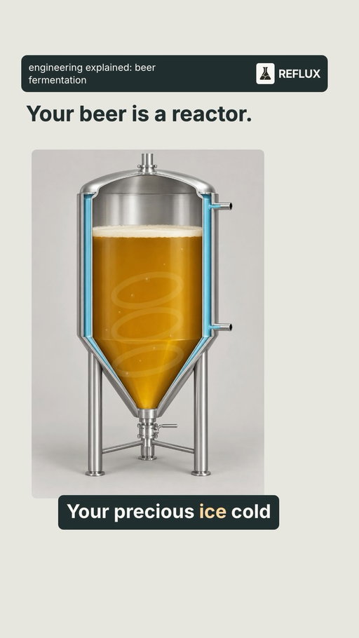 yeast eat sugar and give back alcohol, carbon dioxide and heat, and in a steel tank the only way out for the heat is through the wall, so every brewery tank wears a jacket of glycol at about minus 3 °C. left alone the fermentation would heat itself by about 10 °C, and temperature is the recipe: ale yeast 13 to 24 °C, lager 8 to 13, and the esters that make an ale taste like an ale roughly quadruple between 16 and 20. every 100 litres makes about 4 kg of CO2, so a 1,000 hL tank makes four tonnes of gas that pools on the cellar floor. the scale-up trap: 100 times the beer, about 21 times the wall, 4.6 times less wall per litre to get the heat out through. comment BREW for the page. ale or lager? #chemicalengineering #brewing #beer #engineering