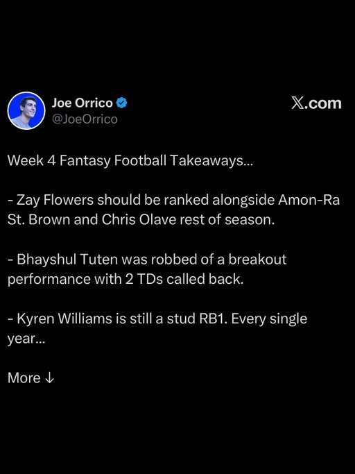 Week 4 Fantasy Football Takeaways…

- Zay Flowers should be ranked alongside Amon-Ra St. Brown and Chris Olave rest of season.

- Bhayshul Tuten was robbed of a breakout performance with 2 TDs called back.

- Kyren Williams is still a stud RB1. Every single year…

More ↓

- CeeDee Lamb is a matchup-proof, elite WR1. Draft day steal at the end of Round 1.

- Javonte Williams still has week-winning ceiling. Love to see that in a tough matchup.

- Kyle Monangai is a solid RB3 ROS. Can be flexed with standalone value. Huge upside if Swift ever out…

- Chase Brown is now at 3 straight games without a TD. 19.0 PPR points today with room for a lot more.

- Ollie Gordon could be a strong RB2 if he gets more touches. Over 100 rushing yards on under 9 carries is impressive.

- Tyler Allgeier is the most annoying RB of all time…

- Braelon Allen disappointed, but the workload was there. Better days ahead if Breece is still out.

- Bucky Irving lost a ton of work to Sean Tucker. Bucs are now 0-4. Bad vibes in Tampa Bay.

- David Montgomery is borderline droppable. Can’t believe I’m typing those words…

- Nico Collins is all the way back. Averaging 26 PPR points on 9 targets in his two healthy games.

- Puka Nacua returns to Top 3 WR status instantly.

- Tee Higgins picked up an injury late. But if he’s active and Chase isn’t next week, we have a Top 7 WR on our hands…

- Keon Coleman is an intriguing waiver add with DJ Moore banged up.

- Carnell Tate is breaking out in front of our eyes. 9 catches on 12 targets today, both career-highs. His 145 receiving yards were, too.

- Deebo Samuel is a sell-high candidate after another TD today…

- Michael Wilson has 30 targets over the last two weeks. He is a high-end WR2.

- Rome Odunze showed life today. Excited to see how the offense looks with Caleb back soon.

#Football #NFL #Fantasyfootballtips #Fantasyfootballadvice  #fantasyfootball