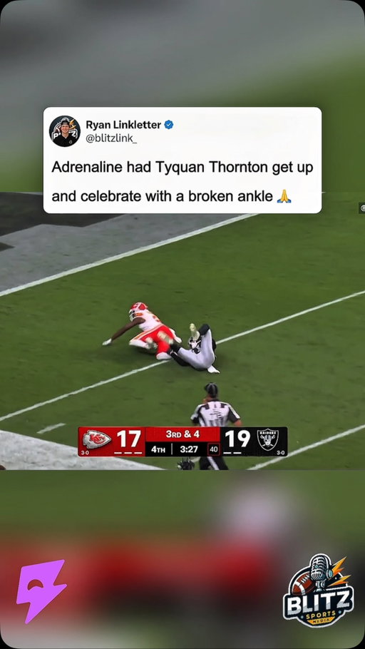 Adrenaline is absolutely INSANE.

Tyquan Thornton got up and celebrated after this play despite suffering what appeared to be a serious ankle injury.

Thornton was having a career day against the Raiders before going down, which makes this even tougher to see.

Nothing but prayers for Tyquan Thornton. Hoping the injury isn’t as serious as it looked and that he makes a full recovery. 🙏

#tyquanthornton #nfl #chiefs #raiders #football