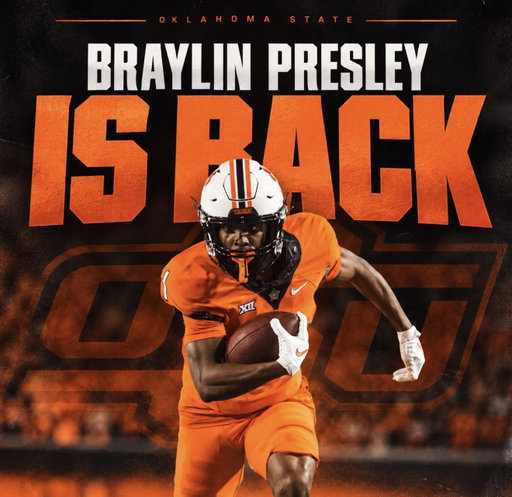 HE’S BACK IN STILLWATER.

Braylin Presley is returning to #OKState football.

After spending one season with the Cowboys and the last three at Tulsa, Presley is headed back to Oklahoma State after a court order granted him another year of eligibility.

Welcome back, Braylin. 🟠⚫️