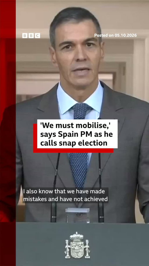 Spain's prime minister Pedro Sánchez has called a snap election after his series of measures to tackle the housing crisis was defeated in parliament on Friday.
 
The measures were drafted after nationwide protests triggered by the eviction of an 87-year-old woman from her home for failing to pay a sharp rent increase.
 
Sánchez has been prime minister since 2018 - Spain was not due to hold a general election until summer 2027
 
Tap the link in @BBCNews’s bio to find out more about the protests.
 
#Spain #PedroSanchez #BBCNews