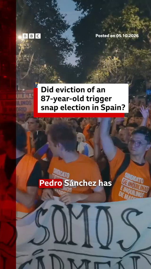 Spain's Prime Minister Pedro Sánchez has called a snap election after his series of measures to tackle the housing crisis were defeated in parliament on Friday.
 
The measures were drafted after nationwide protests triggered by the eviction of an 87-year-old woman from her home for failing to pay a sharp rent increase.
 
Sánchez has been prime minister since 2018 - Spain was not due to hold a general election until summer 2027.
 
Tap the link in @BBCNews’s bio to find out more about the protests.
 
#Spain #PedroSanchez #BBCNews