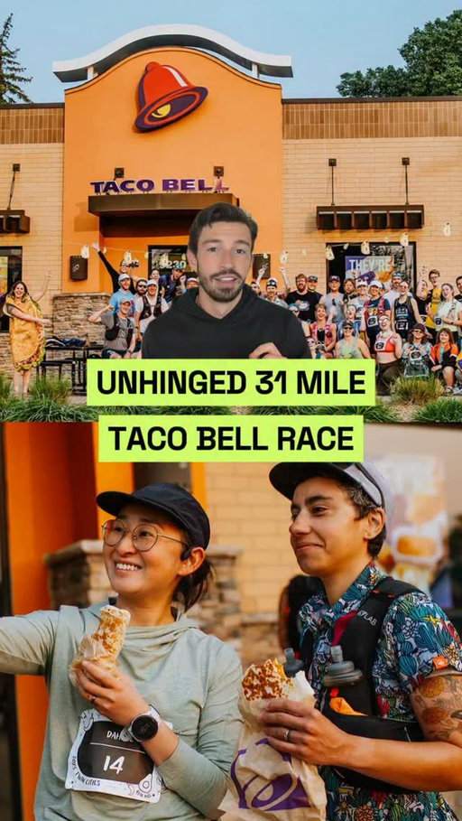 This 31 mile race requires you to eat Taco Bell at 9 different stops.

So this is the International Taco Bell 50K in Denver (@tb50k).

The course takes you to 10 different Taco Bell stops around the city.

And you have to eat a menu item at at least 9 of them.

But the rules get worse.

By stop 4, you have to eat either a Chalupa Supreme or a Crunchwrap Supreme.

By stop 8, you need a Burrito Supreme or Nachos BellGrande.

Drink’s don’t count, and you have 11 hours to finish.

At each stop, you have to save your receipts and wrappers as proof.

To make things harder, they also banned the use of Pepto and Alka-Seltzer.

And if that somehow sounds too easy, there are bonus challenges.

The Diablo Challenge means covering your food in Diablo sauce and doing a Diablo sauce shooter at the end.

The Baja Blast Challenge is drinking 2 liters during the race without vomiting.

None of this is actually affiliated with Taco Bell.

It started with 7 runners back in 2018.

And last year, more than 700 people showed up.

Sometimes all you need is running and tacos to bring people together.