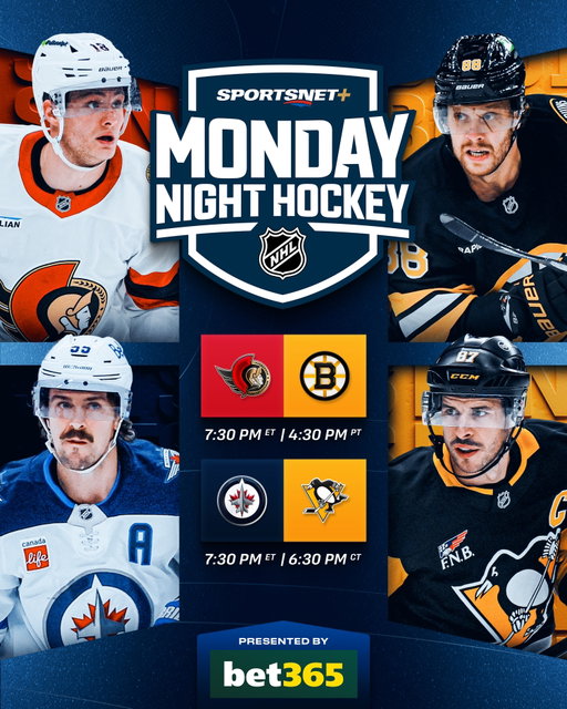 The first Monday Night Hockey of the season!

Stream tonight’s Senators vs. Bruins and Jets vs. Penguins games exclusively on Sportsnet+ 🏒

Presented by @bet365_ca