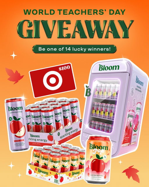 🍎World Teachers’ Day Giveaway🍎Class is in session & we’re celebrating the teachers who do it all! 14 teachers are about to win BIG prizes to keep their school days fueled! 📚

🏆1 Grand Prize Winner: Bloom Mini
Fridge stocked with Crisp Apple Energy + Pop!
✨3 Platinum Winners: $100 Target Gift Card + 1 case of Crisp Apple Energy + 1 case of Crisp Apple Pop
🍎10 Gold Prize Winners: A 12-pack of Crisp Apple Energy

HOW TO ENTER:
1️⃣ Follow @bloomsupps
2️⃣ Like this post
3️⃣ Tag a teacher who deserves a little extra love & check your DMs to lock in your entry! 🍎

NO PURCHASE NECESSARY. Sweepstakes begins 10/05/2026 at 10:00 AM CT and ends 10/14/2026 at 5:00 PM CT. Must be a legal U.S. resident, 18 or older at the time of entry. Other restrictions apply. Void in RI and where prohibited. Sponsor: Bloom Nu, LLC, 500 Chicon St., Austin, TX 78702. For Official Rules, see link in bio.