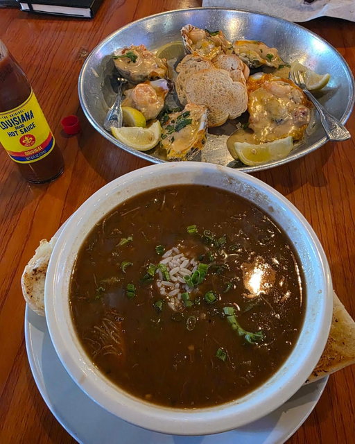 🥣 National Gumbo Day is a year-round affair in my roux-stained heart, and Houston has no shortage of worthy bowls. This seafood-packed gumbo at Jackie's is a particularly welcome surprise. It's a hearty portion loaded with mixed seafood (or chicken and sausage), swimming in a rich, mahogany-colored broth with deeply savory, nutty flavor.

Jackie's Bar and Grill, also known as Jackie's Brickhouse, is a rustic honky-tonk in Kemah with live music, casual dining and a full bar. 🎶

🌭 The menu also features chili dogs, a Monte Cristo, shrimp po'boys, country-fried steak and Jackie's Baked Oysters. 🦪 The oysters come on the half shell with bubbling garlic butter, Parmesan, bacon and jalapeños. 

As a venue, it hosts local bands playing classic rock, blues and country while offering outdoor seating in a dog-friendly atmosphere. A private Prohibition-era-themed “Jackie's Speakeasy” is also available for special events. 🍹

Who serves your favorite bowl of gumbo and how do you like it? 

📍 @JackiesBarandGrillKemah, 1053 Marina Bay
✍️🏽 @MadmanMario #NationalGumboDay