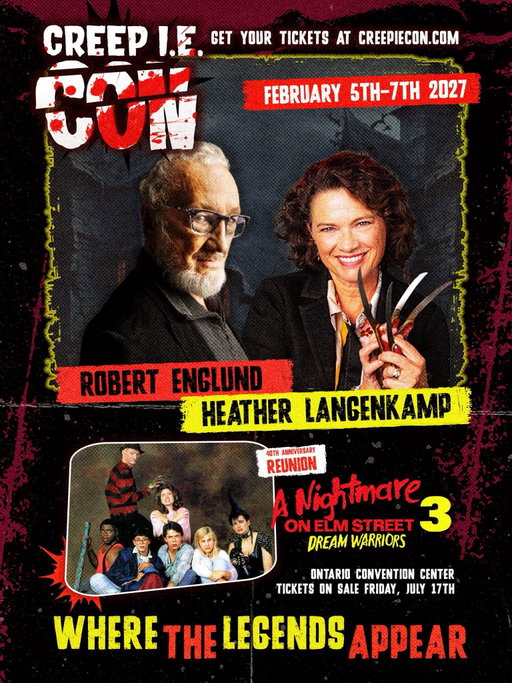 🔥 THE REUNIONS ARE GETTING WILD AT CREEP I.E. CON 2027! 🔥

This isn’t just a convention.
This is where the movies you grew up with come back to life. 🎬👻

Get ready for an unforgettable weekend of CAST REUNIONS celebrating some of the most beloved movies in horror, sci-fi and ’80s/’90s pop culture:

🩸 A NIGHTMARE ON ELM STREET
The original dream team that started it all!

🩸 A NIGHTMARE ON ELM STREET 3: DREAM WARRIORS
Celebrating the 40th Anniversary of one of horror’s most beloved sequels!

🔪 FREDDY VS. JASON
Freddy. Jason. One unforgettable reunion.

🖤 THE ADDAMS FAMILY
The ultimate ’90s spooky-family reunion!

👻 CASPER
Straight out of the ’90s and back together again!

🚀 STAR TREK III: THE SEARCH FOR SPOCK
Beam us up for a reunion celebrating a sci-fi classic!

🧛 THE LOST BOYS — FROG BROTHERS
The boys who knew how to hunt vampires are back together!

And if you know Creep I.E. Con… you already know we’re NOT DONE YET. 👀

More surprises.
More reunions.
More movies you love coming back to life.

⚡️ Creep I.E. Con
📍 Ontario Convention Center
📅 February 5–7, 2027
🎟️ CreepIECon.com

Creep I.E. is where the LEGENDS appear.

Creep I.E. is powered by our friends at @fangoria , @bdisgusting and @screamboxtv
