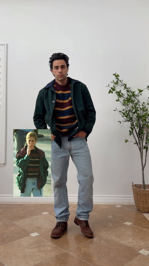 Recreating a nice Jennifer Aniston fall outfit from the heart of the 90’s 
Jeans: @levis 
Boots: @redwingheritage 
Sweater: @bananarepublic 
Jacket: @jcrew 
.
.
.
#mensfashion #mensstyle #barnjacket #falloutfit #jenniferaniston