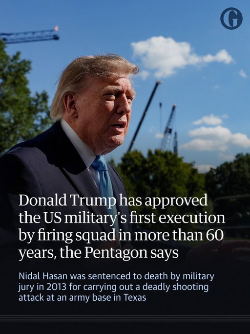 Donald Trump has approved the execution by US army firing squad of Nidal Hasan, who was sentenced to death for killing 13 soldiers at Fort Hood in 2009, chief Pentagon spokesperson Sean Parnell said in a social media post.

Hasan, who was an army psychiatrist, would become the first US soldier to be executed by the US military in more than 60 years.

Parnell said in a post on X that defense secretary Pete Hegseth “has recommended – and President Donald J. Trump has approved – death by U.S. Army firing squad for convicted terrorist Nidal Malik Hasan”.

He added: “The Secretary of the Army will set the time and place of the execution. Judgement day for Hasan has finally come.”

Read more at the link in bio.